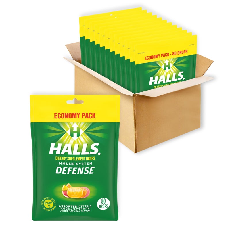 HALLS Defense Assorted Citrus Vitamin C Drops Dietary Supplement Drops Economy Pack 12 Bags 960 Total Drops